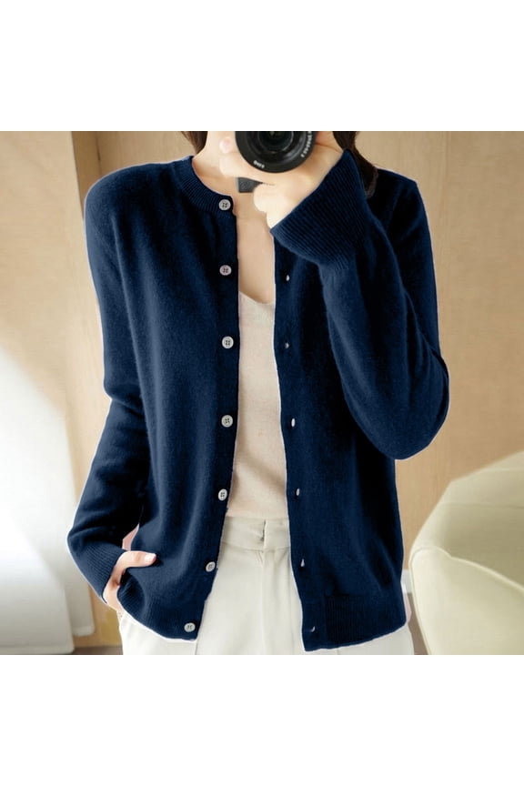 Cardigan Sweaters for Women Knit Button Down Sweater Long Sleeve Casual Crewneck Solid Color Cardigan Knitwear Coat