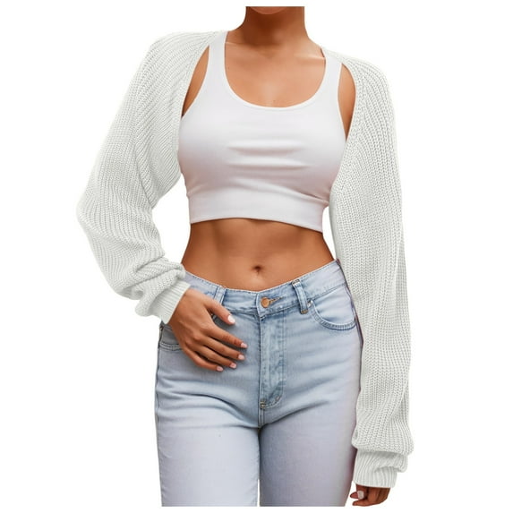 Cardigan Sweaters for Women Knit Long Sleeve Cropped Open Front Casual Tops Solid Color Breathable Comfy Elegant Women Blouses White M