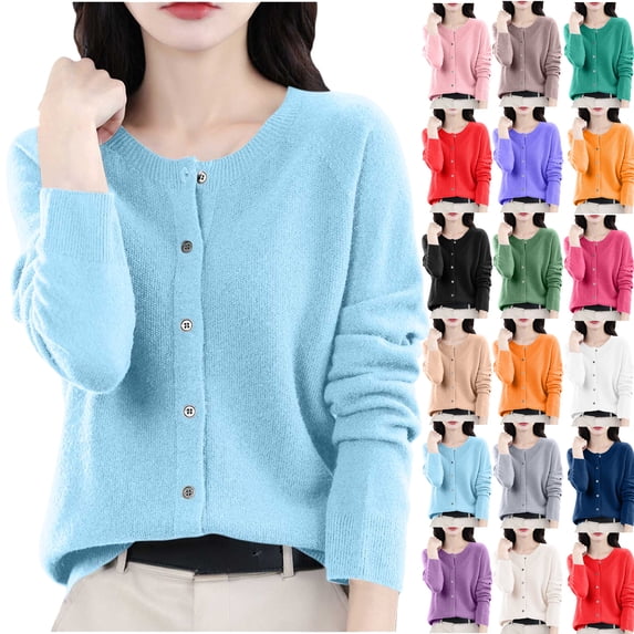 Cardigan Sweaters for Women Lightweight Casual Fashionable Button-Up Tops Round Neck Solid Color Long Sleeve Button Down Trendy Jackets Outerwear