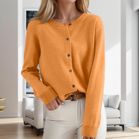 Cardigan Sweaters for Women Lightweight Long Sleeve Button up Cropped Cardigans Casual Crew Neck Knit Sweater Tops Ginger S