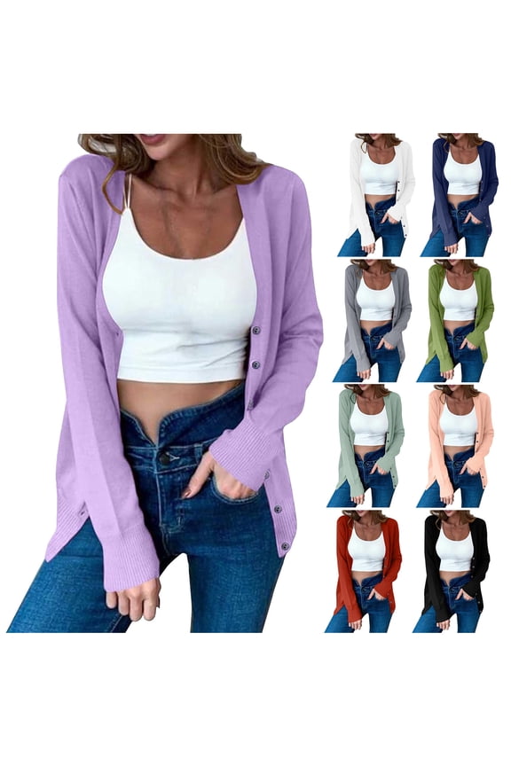 Cardigan Sweaters for Women Lightweight Long Sleeve Open Front V Neck Buttons Knit Cardigans Fall Winter Clothes Outfits, Grey, Size L