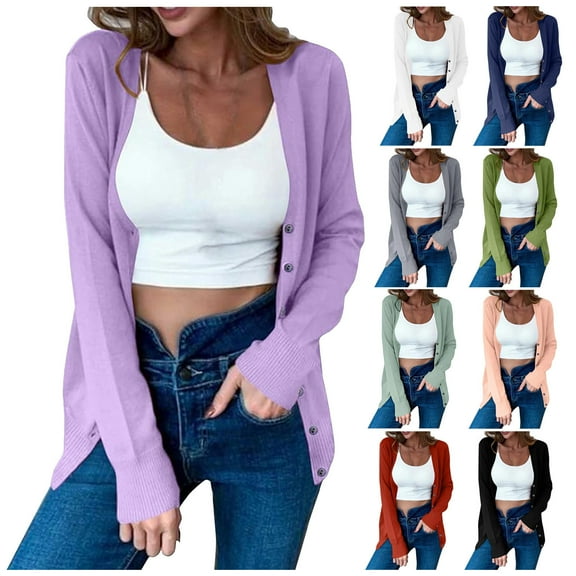 Cardigan Sweaters for Women Lightweight Long Sleeve Open Front V Neck Buttons Knit Cardigans Fall Winter Clothes Outfits, White, Size M