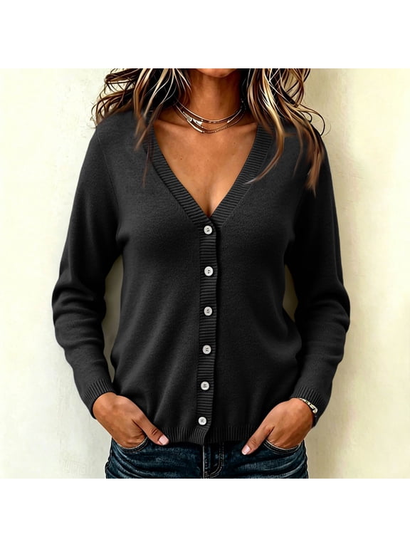 Cardigan Sweaters for Women Lightweight Trendy V Neck Long Sleeve Button Up Sweater, M
