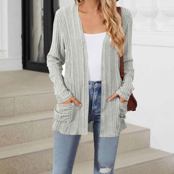 Cardigan Sweaters for Women Lightweight with Pockets Rib-Knit Casual Open Front Cardigans Outerwear Coat (S, Gray)