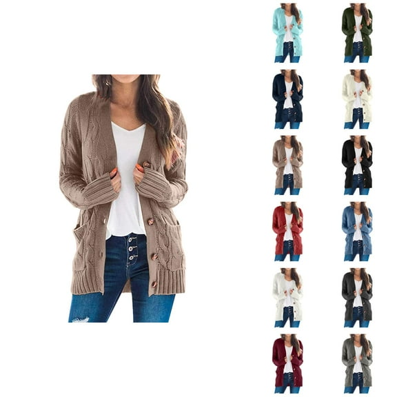 Cardigan Sweaters for Women Long Sleeve Button Cable Knitted Sweater Jacket Coat with Pockets Womens Cardigan Sweaters
