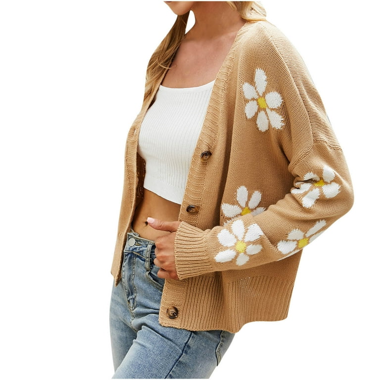 Cardigan Sweaters for Women Long Sleeve Button Front V Neck Knitted Embroidered Sweater Casual Floral Print Loose Sweater Coat
