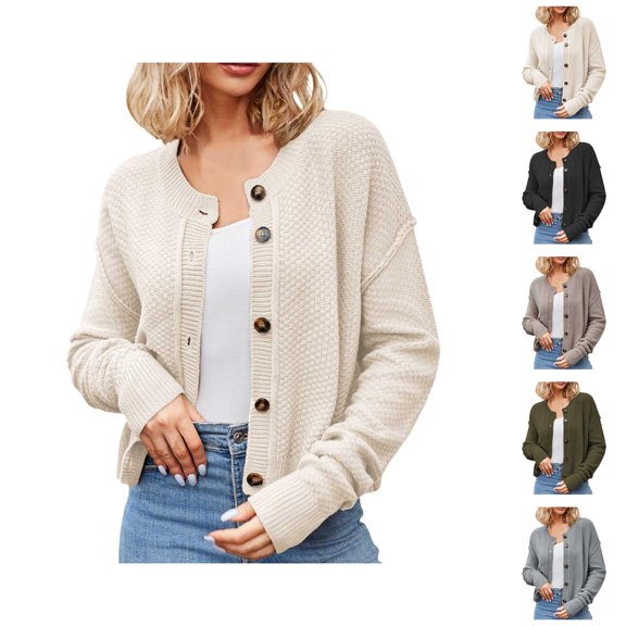 Cardigan Sweaters for Women Long Sleeve Button Round Neck Loose Fit Knitted Sweater Jacket Womens Cardigan Sweaters