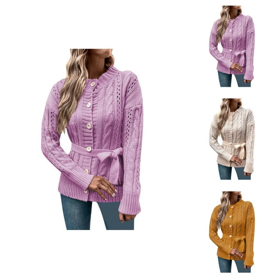 Cardigan Sweaters for Women Long Sleeve Button Waist Tie Crochet Knitted Sweater Jacket Coat Womens Cardigan Sweaters