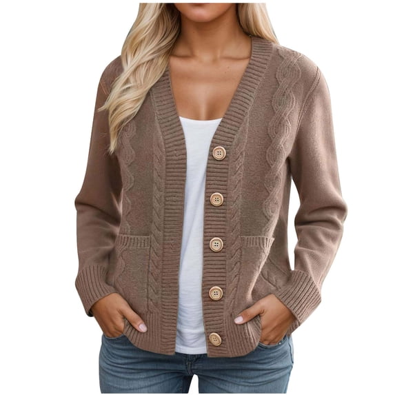Cardigan Sweaters for Women Long Sleeve Chunky Knit Cardigan V Neck Button Down Fall Fashion Clothes With Pockets