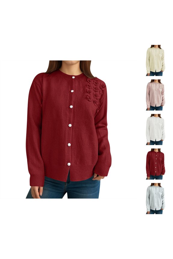 Cardigan Sweaters for Women Long Sleeve Crewneck Button Up 3d Flower Open Front Knit Cardigans Fall Tops