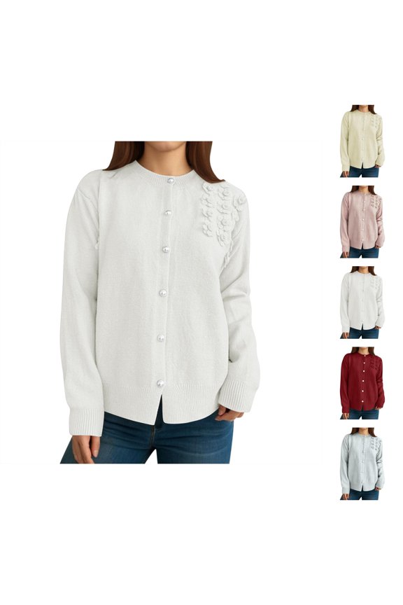 Cardigan Sweaters for Women Long Sleeve Crewneck Button Up 3d Flower Open Front Knit Cardigans Fall Tops