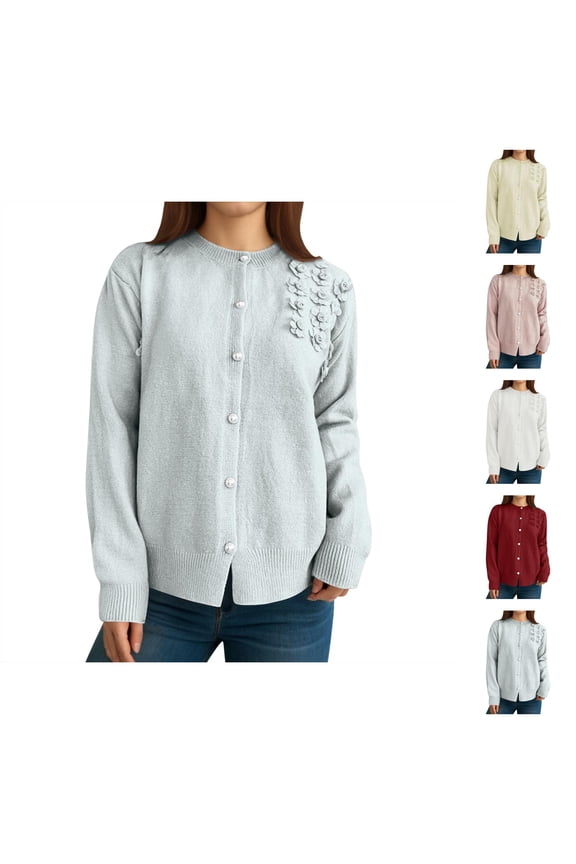 Cardigan Sweaters for Women Long Sleeve Crewneck Button Up 3d Flower Open Front Knit Cardigans Fall Tops