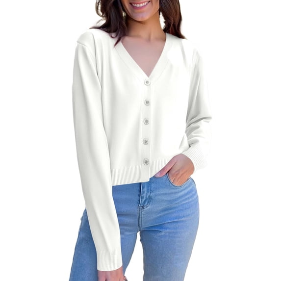 Cardigan Sweaters for Women Long Sleeve Knit V-Neck Button Down Womens Cardigan Open Front White Sweaters Fall Fashion