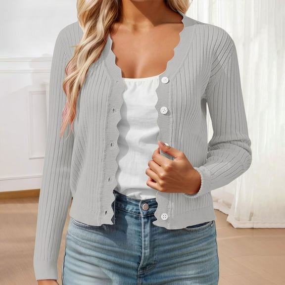 Cardigan Sweaters for Women Long Sleeve Knit V-Neck Button Up Cropped Sweaters for Women Open Front Light Gray Layering Top Early Fall Fashion