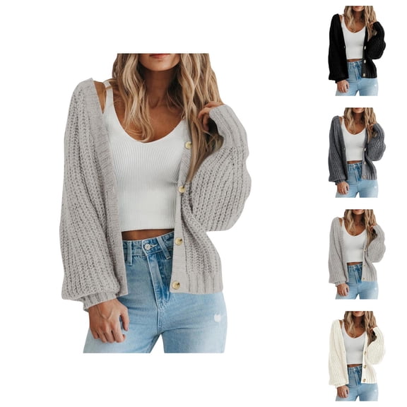 Cardigan Sweaters for Women Long Sleeve Lantern Sleeve Button Knitted Sweater Jacket Coat Womens Cardigan Sweaters