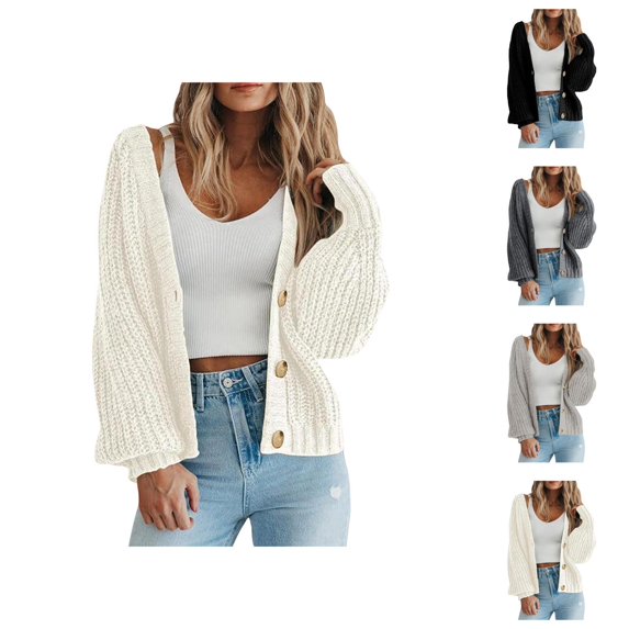 Cardigan Sweaters for Women Long Sleeve Lantern Sleeve Button Knitted Sweater Jacket Coat Womens Cardigan Sweaters
