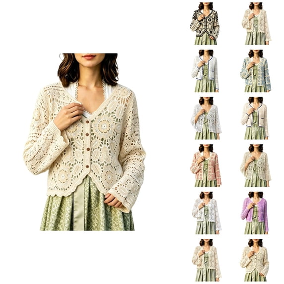 Cardigan Sweaters for Women Long Sleeve Lightweight Open Front Hollow out Floral Crochet Knit Cardigans Fall Clothes