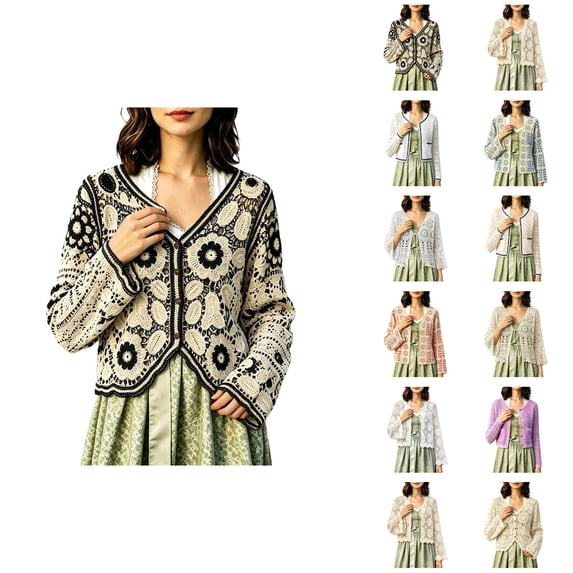 Cardigan Sweaters for Women Long Sleeve Lightweight Open Front Hollow out Floral Crochet Knit Cardigans Fall Clothes