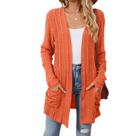 Cardigan Sweaters for Women Long Sleeve Open Front Cardigan Casual Loose Lightweight Cardigans with Pockets (Orange,Medium)