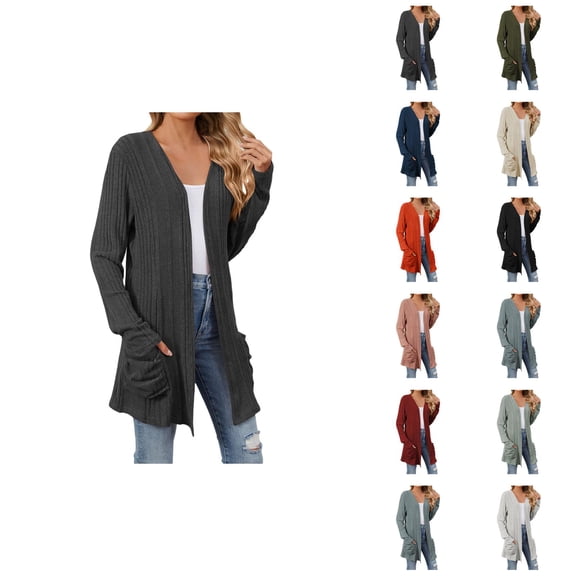 Cardigan Sweaters for Women Long Sleeve Open Front Ribbed Knitted Sweater Coat with Pockets Womens Cardigan Sweaters