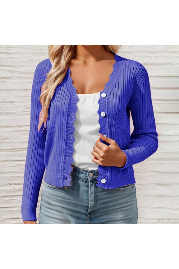 Cardigan Sweaters for Women Long Sleeve V Neck Knitted Button Up Cardigans for Women Open Front Blue Layering Top Womens Fall Clothes