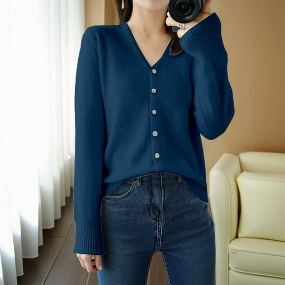 Cardigan Sweaters for Women Long Sleeve V Neck Knitted Button Up Fall Sweaters Open Front Dark Blue Sweaters Womens Fall Clothes