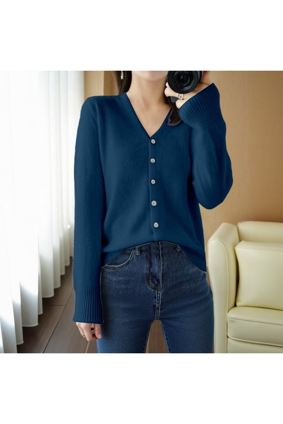 Cardigan Sweaters for Women Long Sleeve V Neck Knitted Button Up Fall Sweaters Open Front Dark Blue Sweaters Womens Fall Clothes