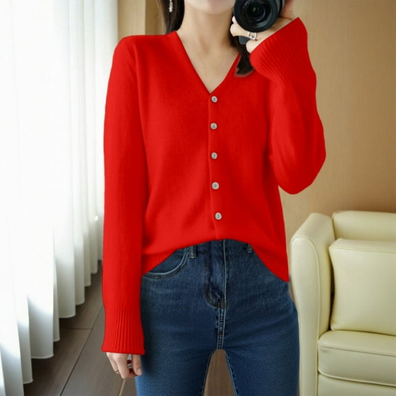 Cardigan Sweaters for Women Long Sleeve V Neck Knitted Button Up Fall Sweaters Open Front Red Cardigan Winter Essentials