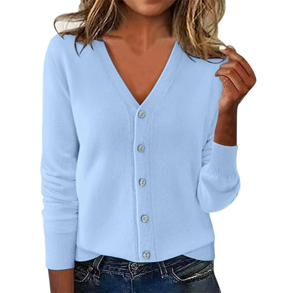 Cardigan Sweaters for Women Long Sleeve V Neck Knitted Button Up Womens Cardigans Open Front Sky Blue Sweaters Winter Essentials