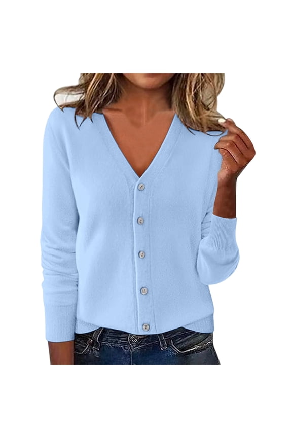 Cardigan Sweaters for Women Long Sleeve V Neck Knitted Button Up Womens Cardigans Open Front Sky Blue Sweaters Winter Essentials
