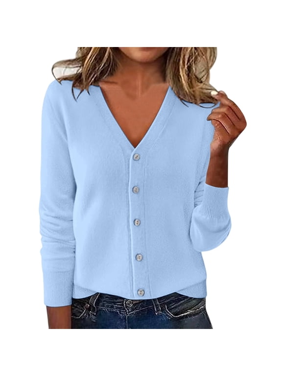 Cardigan Sweaters for Women Long Sleeve V Neck Knitted Button Up Womens Cardigans Open Front Sky Blue Sweaters Winter Essentials