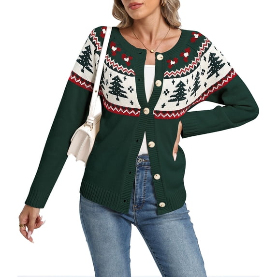 Cardigan Sweaters for Women Long Sleeve V Neck Ugly Christmas Tree Button Down Fair Isle Sweater Funny Holiday Knitted Sweater Alsol Lamesa
