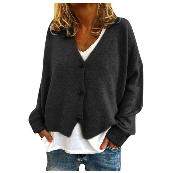 Cardigan Sweaters for Women Loose Fit Women's Button Solid Knit Sweater Cardigan Long Sleeved Jacket(Black M)