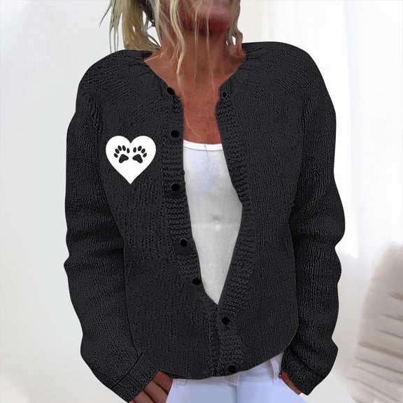 Cardigan Sweaters for Women Women's Casual Printed Knitted Cardigan Button Coat Black M