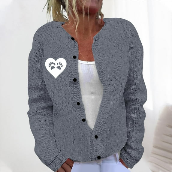 Cardigan Sweaters for Women Women's Casual Printed Knitted Cardigan Button Coat Gray XL