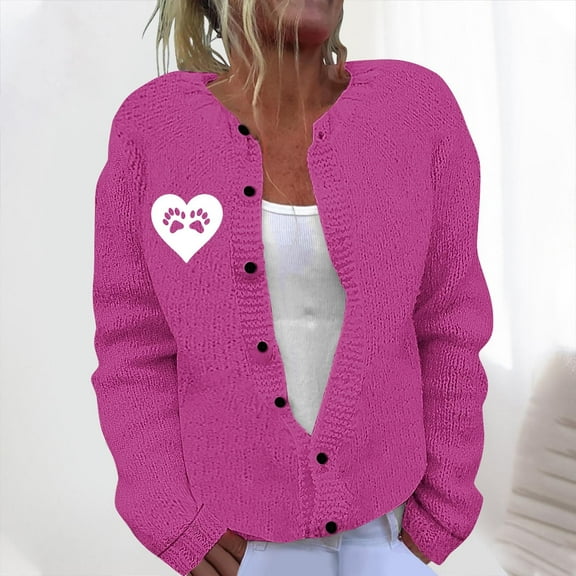 Cardigan Sweaters for Women Women's Casual Printed Knitted Cardigan Button Coat Hot Pink S