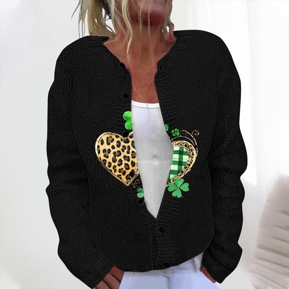 Cardigan Sweaters for Women Ndbuld Women's Casual St. Patrick's Day Print Knit Cardigan Button Up Coat Rollbacks Black 3XL