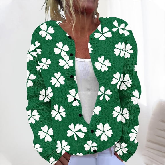 Cardigan Sweaters for Women Ndbuld Women's Casual St. Patrick's Day Print Knit Cardigan Button Up Coat Green M