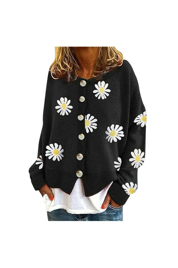 Cardigan Sweaters for Women Open Front Blouses Cute Crew Neck Sweater Daisy Long Sleeve Tops Button Down Cardigans