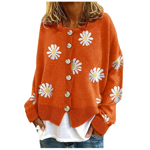 Cardigan Sweaters for Women Open Front Blouses Cute Crew Neck Sweater Daisy Long Sleeve Tops Button Down Cardigans