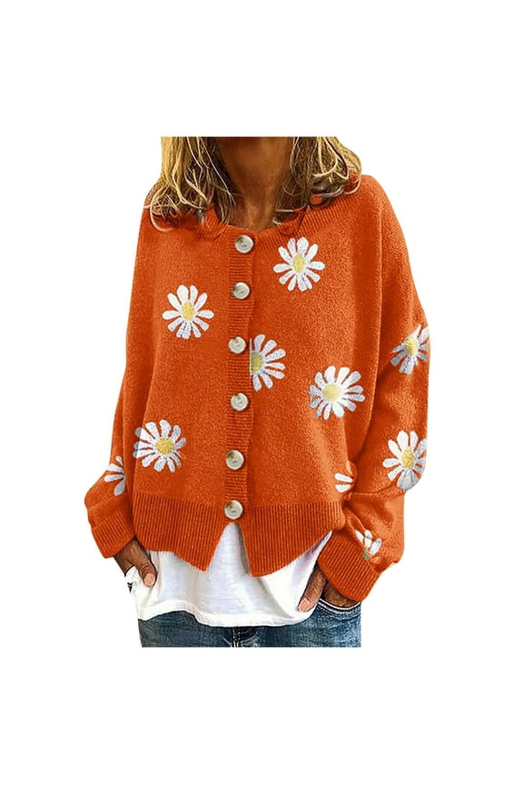 Cardigan Sweaters for Women Open Front Blouses Cute Crew Neck Sweater Daisy Long Sleeve Tops Button Down Cardigans