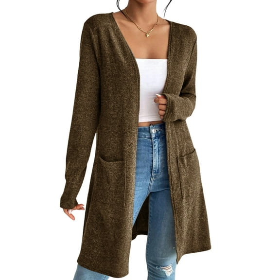 Cardigan Sweaters for Women Open Front Cardigan Casual Loose Fall Sweater with Pockets Brown XL