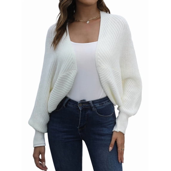 Cardigan Sweaters for Women Open Front Cropped Cardigan Sweater Long Sleeve Knit Bat Sweaters Shrug Top White S
