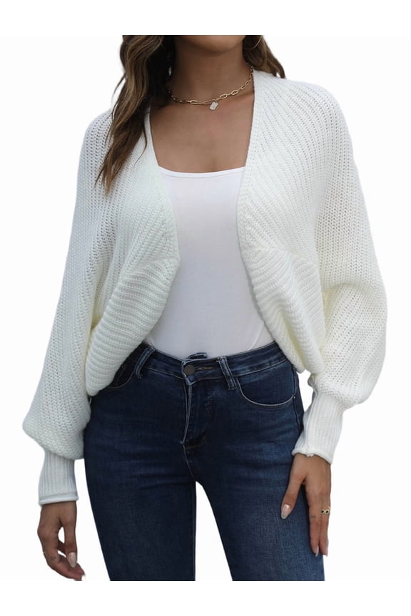 Cardigan Sweaters for Women Open Front Cropped Cardigan Sweater Long Sleeve Knit Bat Sweaters Shrug Top White S