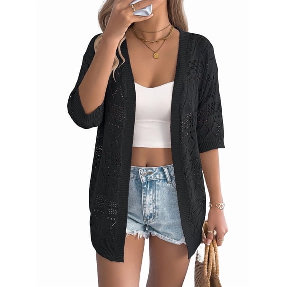 Cardigan Sweaters for Women Open Front Cropped Crochet Beach Cover Ups Black L