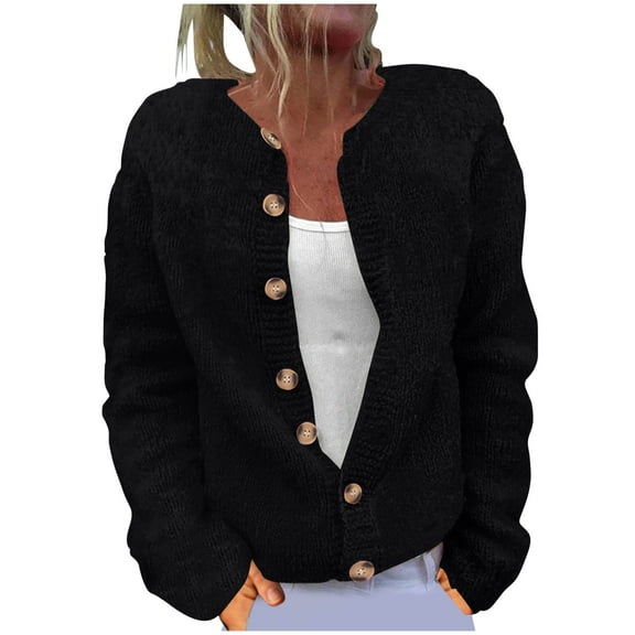 Cardigan Sweaters for Women Oversized Crew Neck Cropped Long Sleeve Button Down Tops Printed Knitted Outerwear (Black XL)