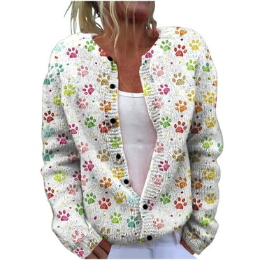 Cardigan Sweaters for Women Oversized Crew Neck Cropped Long Sleeve Button Down Tops Printed Knitted Outerwear (White L)