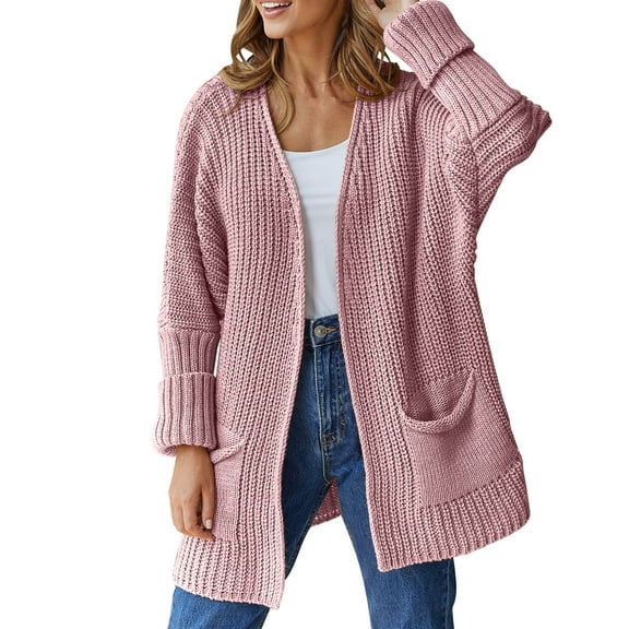 Cardigan Sweaters for Women Oversized Trendy Chunky Knit Long Sleeve Fall Open Front Sweater Tops with Pockets (M, Pink)