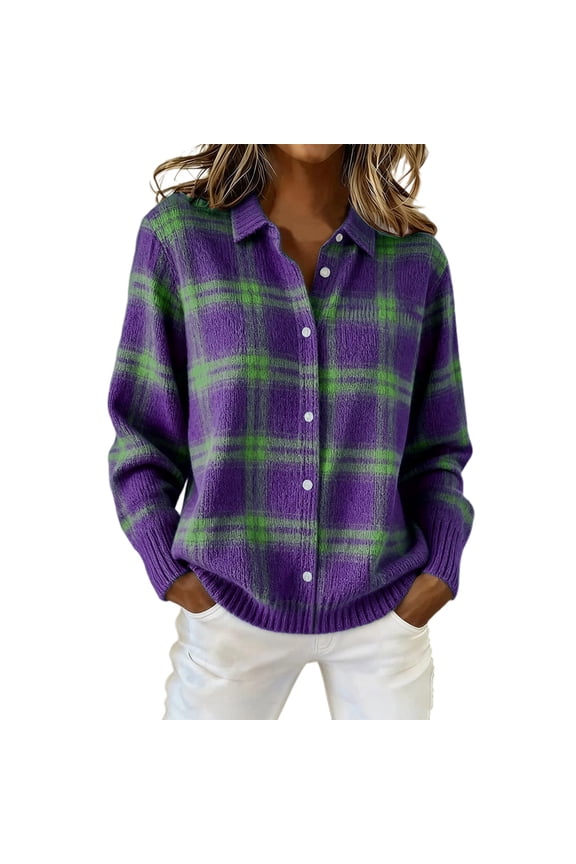 Cardigan Sweaters for Women Plaid Knit Cardigans Casual Open Front Sweater Lightweight Trendy Button Up Checkered Knitwear OIOLOYJM Purple L