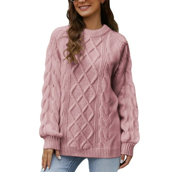 Cardigan Sweaters for Women, Solid Color Crew Neck Knit Pullover Sweater Soft Comfortable Casual Winter Warm, Women's Sweaters(Pink,M)